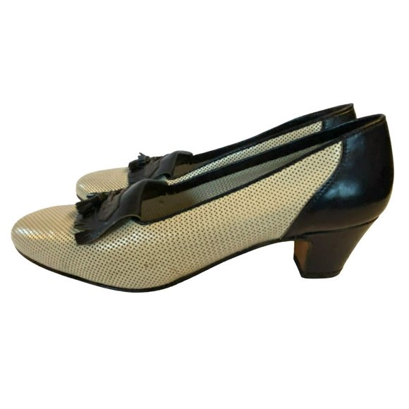 Vintage Breazioni Arabella US9 Heels Shoes Italy Navy White Leather Vero Cuoio - Picture 3 of 9